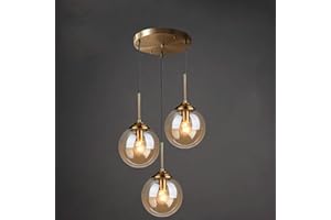 NIYKKA Lampada a sospensione a sfera in vetro trasparente/grigio fumo/ambra Lampadario industriale in ottone vintage a 3 luci Lampada a sospensione a grappolo E27 Plafoniera per soggiorno con isola cucina