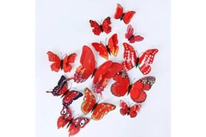 Lohill 36 Stück 3D Schmetterlinge Wanddeko, Butterfly Wandsticker 3D Wandtattoo Balkon Deko, Simulation Kunststoff Kühlschrankaufkleber (Rot)