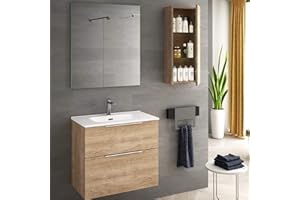 B BAÑO TOTAL Mueble de Baño Comet Suspendido | Mueble Baño Fondo Reducido 2 Cajones Cierre Amortiguado y Lavabo Cerámico (80x40cm, Roble Natural)