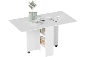 HOMCOM Folding Dining Table, Drop Leaf Table with 2-Tier Shelves, Rolling Casters, for Small Spaces, Kitchen, White