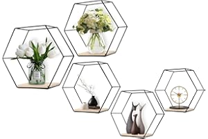 LMYDIDO 5er-Set Hexagon Wandregal Hängeregal, Metall und Holz Schweberegal Wandaufbewahrung Organizer für Küchenregal, Badezimmer, Schlafzimmer, Wanddekoration