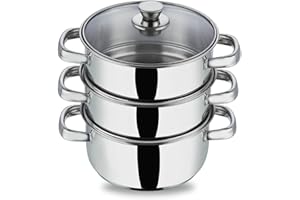 Vinod Stainless Steel 3-Tier Steamer Pot - 20 cm | Sturdy Handle & Vented Glass Lid | Induction & Gas Compatible | 2.5mm Thick Base | Multipurpose Steamer Cooking Vegetable, Momos, Dumplings