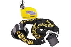 FD-MOTO 3.9KG 1.8M*10mm Chain Lock + Alarm Brake Disc Lock Yellow + Ground Anchor Heavy Duty for Motorbike Motorcycle Scooter Bike Bicycle ATV
