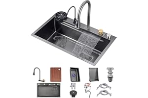 GMTSTORE Fregadero De Cocina Negro Nano 304 Cascada De Acero Inoxidable Fregadero De Preparación De Palillos De Un Solo Tazón Polivalente con Grifo Y Drenaje Tipo De Inserción O Montaje (Color : Nero, S : 68