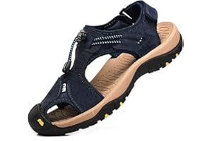 rismart Men's Closed-Toe Hook&Loop Outdoor Hiking Leather Shoes Sandals