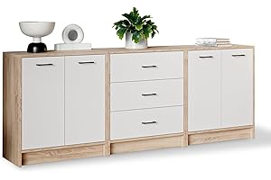 Meble Pitus Komoda biała, 210 cm, dąb Sonoma MP2 - kredens do salonu, sypialni i przedpokoju – 2 komody z drzwiami, połączona z komodą z 3 szufladami – szafka komodowa, płyta meblowa