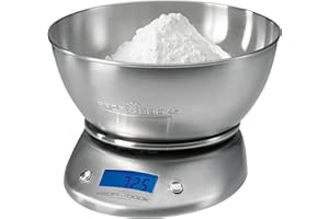 ProfiCook PC-KW 1040 Digitale Küchenwaage, Gehäuse, Schüssel und Wiegefläche aus Edelstahl, Tara-Funktion, Multifunktions-LCD-Display