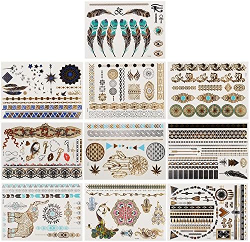 Hommii 10 Sheets Premium Metallic Tattoos Stickers - Shimmer Designs in Gold, Silver, Black & Turquoise - Temporary Fake Jewelry Tattoos - Bracelets, Feathers, Wrist & Arm Bands