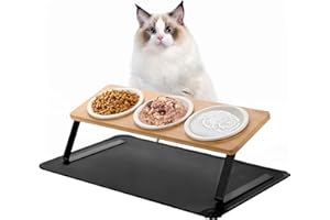 Otoomenz 3PCS Cat Bowl, Ceramic Cat Food Bowls With 15° Tilted Wood Stand,Raised Cat Bowls for Food and Water, Bamboo Cat Feeding Station with Cat Food Mat for Cats and Puppy