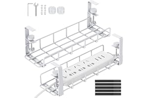 REFLYING Podbiurkowa taca do zarządzania kablami, 38 cm, białe, bez wiercenia, stalowe organizery na kable, taca do zarządzania przewodami, taca na kable na biurko z organizerem drutu, biała, 2 szt
