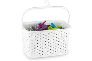 TIENDA EURASIA - Cesta Pinzas, Cesta para Pinzas de Ropa con Colgador, Cesta de Plastico con Diseño de Mimbre (Blanco)