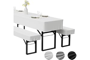 Zdada 3-teilige Bierzeltgarnitur Auflage, Enthält 2 Bierbank Hussen und 1 Biertisch Husse aus Polyestermaterial, Waschbar und Fixierbar Bierzeltgarnitur Hussen, für Bankette im Freien（Weiß, 220x70cm）