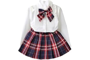 Verve Jelly Toddler Girls Shirt Skirt Set White Bowknot Camicie a maniche lunghe Gonna scozzese Abito a-line 2 pezzi Set di abbigliamento Uniforme scolastica per bambini