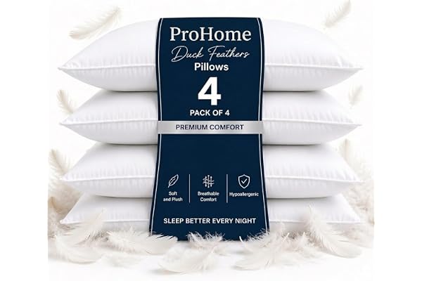 Pro Home 1200GSM Ankfjädrar och dunkuddar lyxig komfort ankdun kudde med bomullsöverdrag dunkudde allergivänlig hotellkvalitet fjäderkuddar UK standardstorlek 48 x 74 cm (bomullsskal, 4)