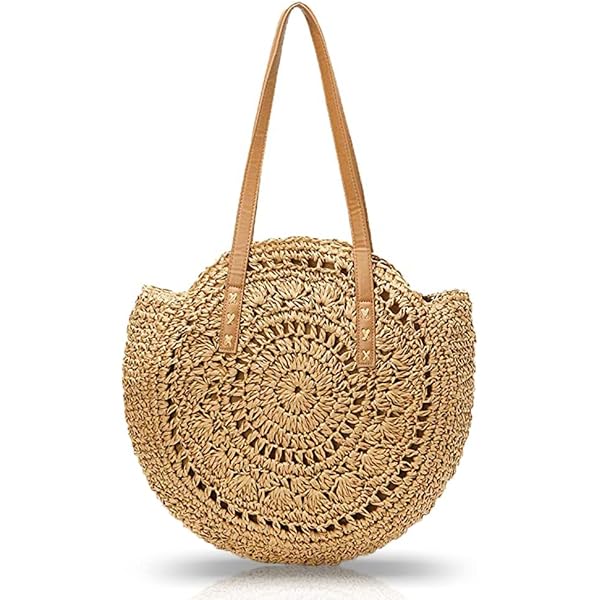 Sac Main été Voyage Sac En Paille Rond ISIYINER - Bandoulière Crochet, Style Boho - Sac De Plage, Shopping, Voyage - Capacité Généreuse Sac été Naturel Tissé
