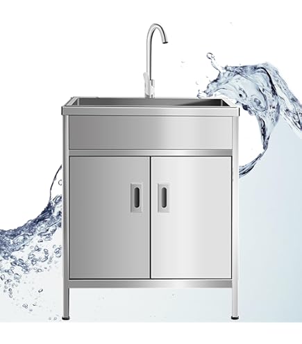 Lavello Autoportante In Acciaio Inox Per Esterno Con Rubinetto E Mobiletto - 75x40x75 Cm, Per Giardino, Garage, Officina