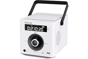 HANLIM Tragbarer CD-Player 20W Bluetooth-kompatibel/UKW-Radio/MP3-Wiedergabe/USB/AUX-Eingang/Kopfhöreranschluss/Mikrofonanschluss/Fernbedienung, integrierter 2000-mAh-Akku, kompakter Stereo-CD-Player