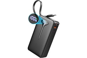HOSGUBO Power Bank, 10000 mAh Mini Cargador Portátil 22,5 W Carga Rápida, Ultra Portátil Powerbank con USB C Cable Integrado, Batería Externa de 3 Puertos Salida para iPhone 16 Samsung Xiaomi Android iPad