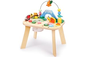 oathx 9-in-1 Motorikspielzeug ab 1 Jahr – Spieltisch mit elektrischem Zug, Perlenlabyrinth, Formsortierer, drehende Zahnräder – Activity Center Baby, Activity Tisch ab 12 Monaten, Holz Lernspielzeug