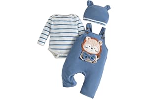 UUAISSO Bébé Garçon Vêtements Manches Longues Rayures Hauts Dinosaure Imprimé Salopette Réglable Bretelles Pantalon Tenue Ensemble