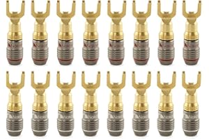 Nakamichi FanLock Excel Series 24k Gold Plated Spade Connector Banana Plug 10 AWG - 18 AWG Gauge Size 4mm for Speakers Amplifier Hi-Fi Home Theatre Wire Cable Quick Connector, 16 Pcs (8-Pairs)