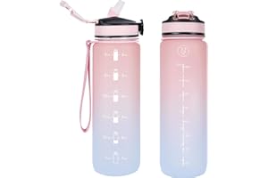 NAVTUE 1L Water Bottle with Straw, Sports Drinks Bottle with Time Markings, Leak Proof, Tritan BPA free for School/Cycling/Running (PinkBlue)