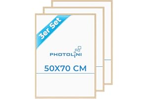 PHOTOLINI Cornici 50x70 cm legno MDF naturale, set di 3 cornici per poster, plexiglass infrangibile, da parete, accessori extra inclusi - per foto, immagini e poster