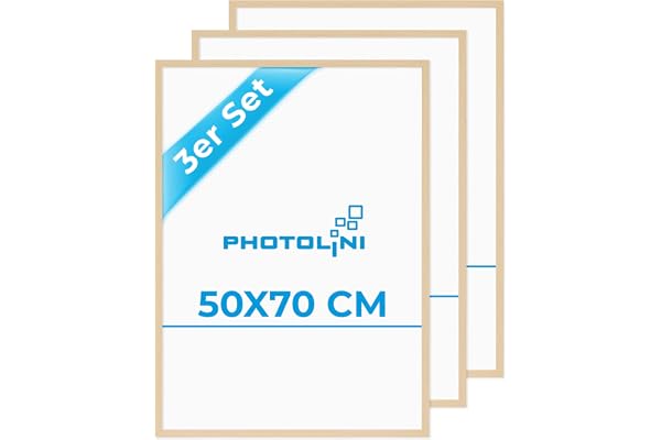 PHOTOLINI Cadre 50x70 bois MDF naturel, cadre puzzle 50x70 et posters, lot de 3 cadres photo 70x50 avec verre acrylique incassable, picture frame à suspendre, 50 x 70 accessoires supplémentaires