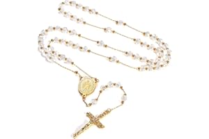 FaithHeart Różaniec z koralikami, katolicki naszyjnik dla kobiet, Święty Krzysztof, Michał, Maryja, wisiorek, krzyż ze stali nierdzewnej, bardzo długi łańcuszek, amulet chrześcijański (6