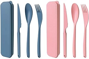 NOEWMUB Extra Large Travel Utensils with Case, Reusable Plastic Cutlery, Travel Cutlery Set, Flatware Set for Travel Work School Picnic Camping or Daily Use (Large Pink Blue)