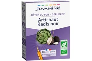 JUVAMINE - Artichaut Radis Noir - Detox du foie - Dépuratif – Bien-être du foie - Détoxification - Confort Intestinal - 10 ampoules x 10 ml - Programme 10 jours- Certifié BIO - Fabriqué en France