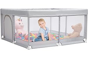 BEJOY Box per Bambini, 125 cm Compatto e Resistente, Protezione in Schiuma, Antiscivolo, Porta Rotonda con Cerniera, Rete Traspirante Trasparente Centro Attività per Neonati e Bambini Piccoli