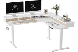 ‎FEZIBO FEZIBO Einzelmotor L-förmiger Elektrischer Stehschreibtisch, 160cm Bürotisch zum Stehe mit 4 Schubladen, Weiß Rahmen/Weiß Tischplatte