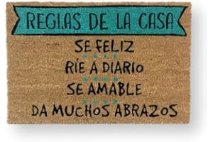 koko doormats Felpudo Entrada Casa Original de Coco Natural “Reglas de la Casa” | Alfombra de Entrada Antideslizante para Exterior e Interior | 60x40 cm | Diseño Divertido | Base PVC Segura