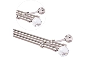 MDEKOR Bastone per tende da 140 cm, per montaggio a parete, 19 mm, 2 vie, effetto acciaio inox, set di bastoni per tende con sfera di cristallo