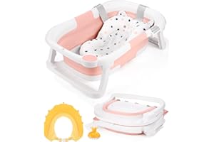 JISSTA Baignoire Bebe Baignoire Pliable Bébé Baignoire Pliante Portable（Couleur rose）,Avec Oreiller de Baignoire, Bonnet de Bain, Brosse de Douche