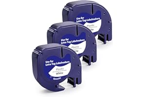 TITBIT Compatible Label Tape Replacement for Dymo LetraTag Plastic White Tape 91201 S0721610 for Dymo LetraTag LT100H LT100T LT110T XR QX50 2000,12mm x 4m Black on White,3-Pack