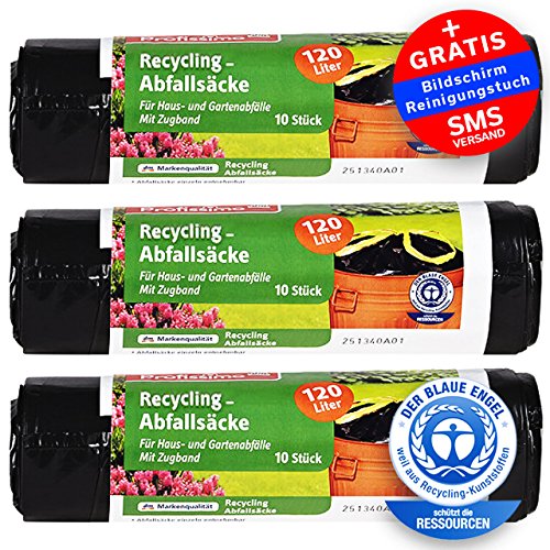 Recycling Schwerlast-Abfallsäcke mit Zugband - Extrem Reißfest & Füssigkeitsdicht 120 Liter - 30 Stück - 3er Pack (3 x 10 Stück) - Für Haushalt, Büro und Garten - "Blauer Engel" Zertifikat