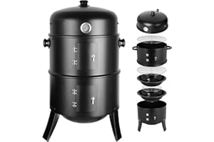 TLGREEN Fumoir 3 en 1, Smoker Fumoir, Barbecue Charbon de Bois, Ø44,5 x 80 cm, Avec Évacuation d'air Réglable et Thermomètre, 2 Grilles Inox, Barbecue Smoker pour Fumer, Griller et Cuisiner