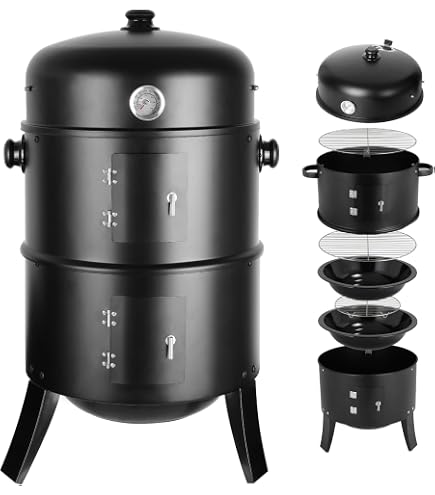 Barbecue Portatile A Carbonella Muntel - Pieghevole, Con Termometro, Manico In Legno, Griglia Nera. Per Campeggio, Spiaggia, Pic-nic, Può Essere Usato Anche Come Affumicatore.