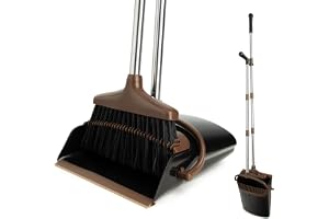 XXFLOWER Broom and Dustpan Set, Long Handle Lightweight Dustpans with Broom Combo for Home Sweeping for Room Kitchen Office Black Brown