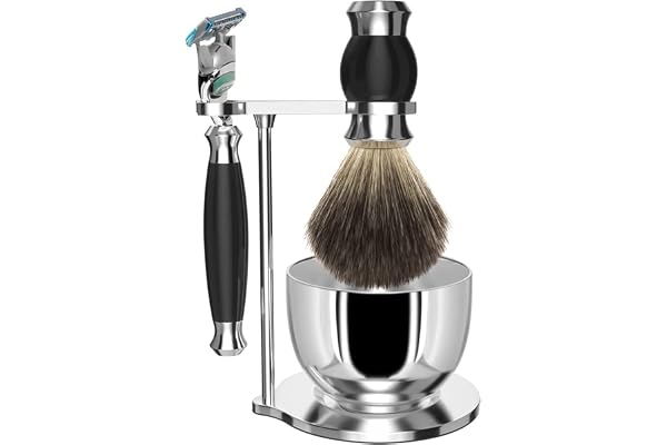 Ensemble de rasage GRUTTI, couteau de luxe pour rasoir et support de pinceau avec bol de savon Cadeaux pour les hommes Rasage brosse de blaireau et manche de rasoir compatible avec Fusion 5