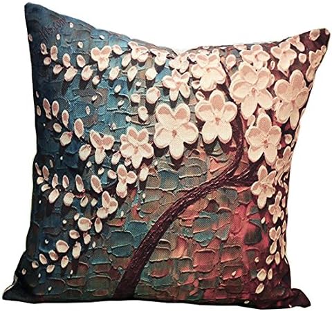 Pillow Cases Covers,100% Cotton Linen 3D Oil Painting Black Large Tree and Flower Birds Throw Pillow Case Cushion Cover Home Sofa Bed Office Car Decorative 18 X 18 Inch (009 Style)