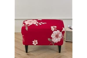 Highdi Ottoman Cover Rectangle Polyester Spandex, Stretch Footstool Slipcover,Stool Protector Cover with Elastic Bottom,Removable Washable Dustproof Footrest Pouffe Covers (red flower,1pc)