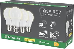 INSPIRED ESSENTIALS B22 Bayonet LED Bulb, Warm White 3000K, 60W 60 Watts Equivalent, 7.3W B22 GLS Bulbs, Light Bulbs, 806 Lumen, Non-Dimmable, Last up to 25000 Hours, Pack of 4