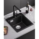 Sofetiy Kitchen Sink Black 40 x 45 cm, Granite Sink with Siphon | Black Sink on Countertop, Granite Rectangular, with 2 Holes
