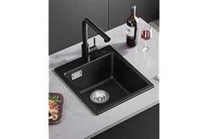 Sofetiy Fregadero Cocina Negro 40x45cm, Fregadero Granito 1 Seno, Fregadero de Cocina Con Sifón, Fregadero Sobre Encimera Rectangular, Fregadero con 2 Agujeros para Grifería, Fácil de Limpiar