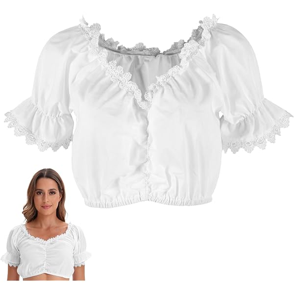 Blouse Dirndl Femme FUIPVGI – Chemisier Blanc Traditionnel, Manches Longues, Col En V – Parfait Pour Oktoberfest - 10