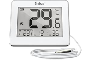 Mebus termometr cyfrowy z przewodowym czujnikiem zewnętrznym mierzy temperaturę wewnątrz i na zewnątrz, czas, min/max wartości, metalowa rama obudowy, kolor: biały, model: 01074