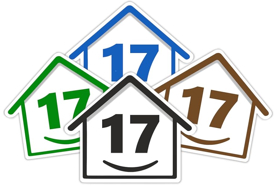 4 x Bin Numbers for Wheelie Bins, 1-99, 15cm ‘Happy House’ Colour Design Dustbin Stickers, Easy Application Stick On Number Stickers - Weatherproof Self Adhesive Vinyl – Blue, Black, Green, Brown (17)